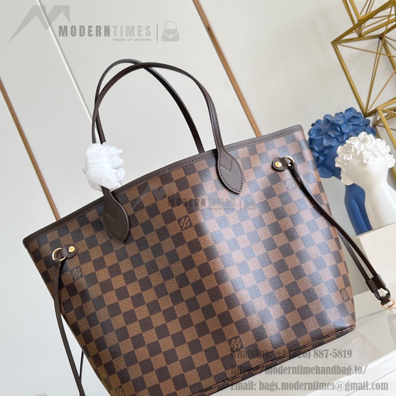 Louis Vuitton Neverfull MM Tote Bag in Damier Azur Canvas with Leather Trim and Detachable Pouch