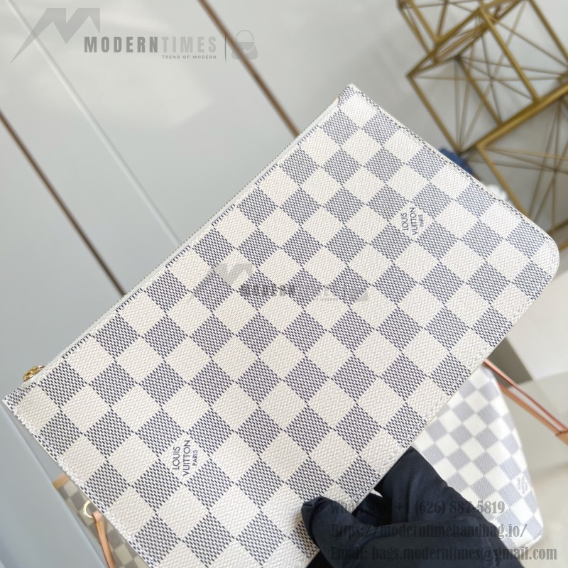 Louis Vuitton Neverfull MM Tote Bag in Damier Azur Canvas with Leather Trim and Detachable Pouch