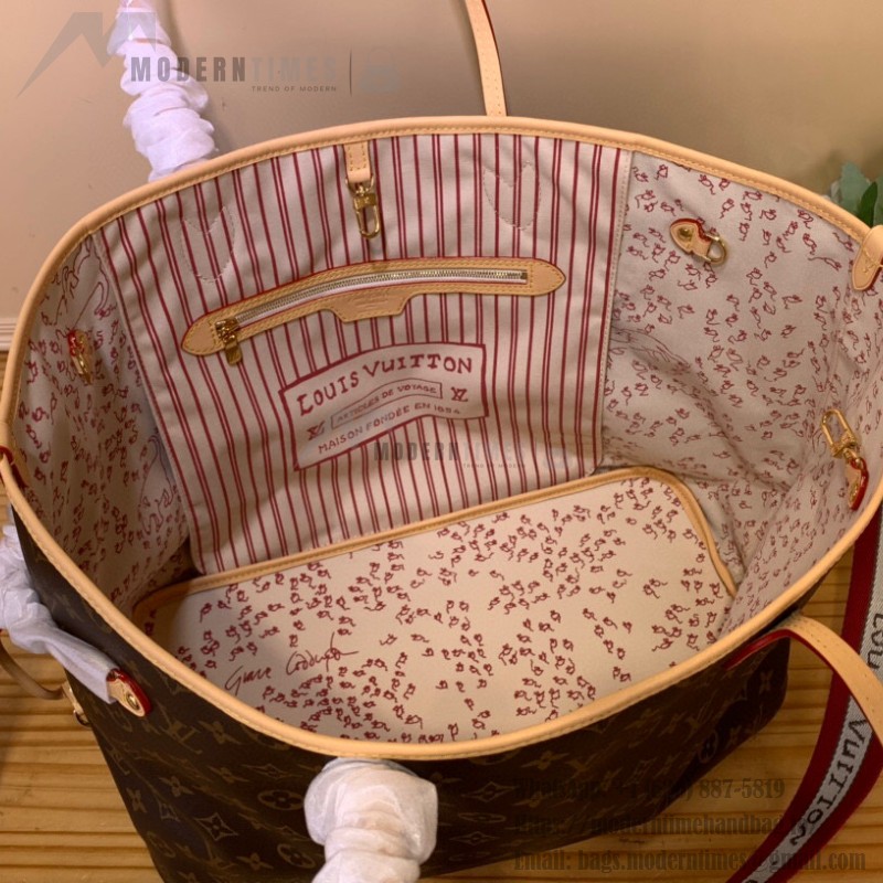 Louis Vuitton Neverfull Inside Out M15124 with cat print on Monogram canvas and fabric shoulder strap