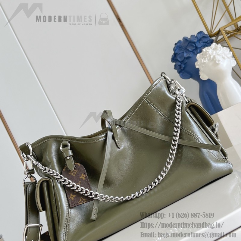 Louis Vuitton CarryAll Cargo Vibe Small Handbag in Green Lambskin Leather with Removable Chain and Monogram Logo