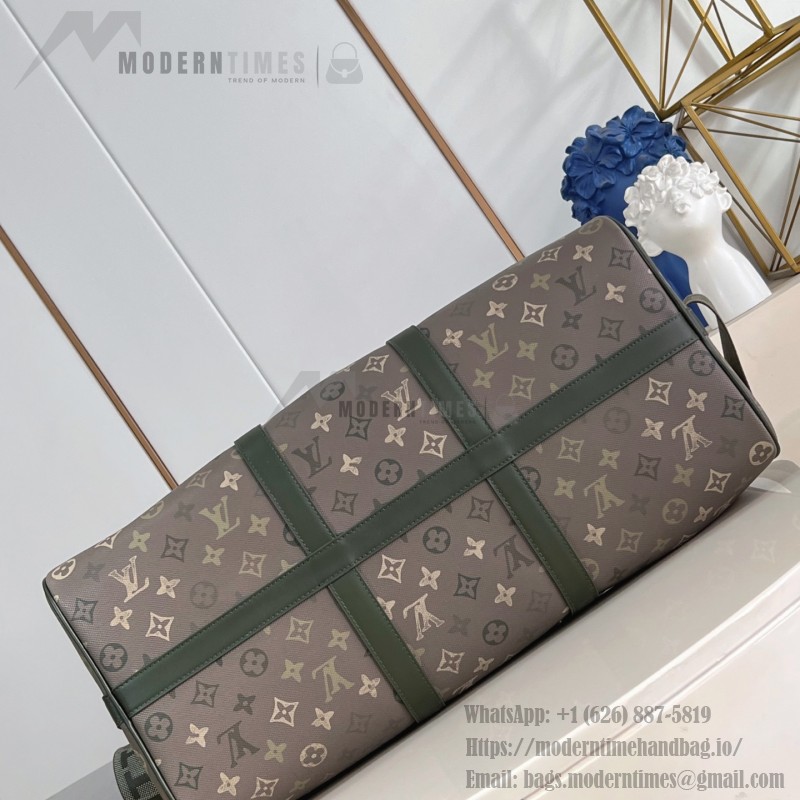 Louis Vuitton Keepall Bandoulière 50 Travel Bag with camouflage Monogram Surplus and distressed metal hardware