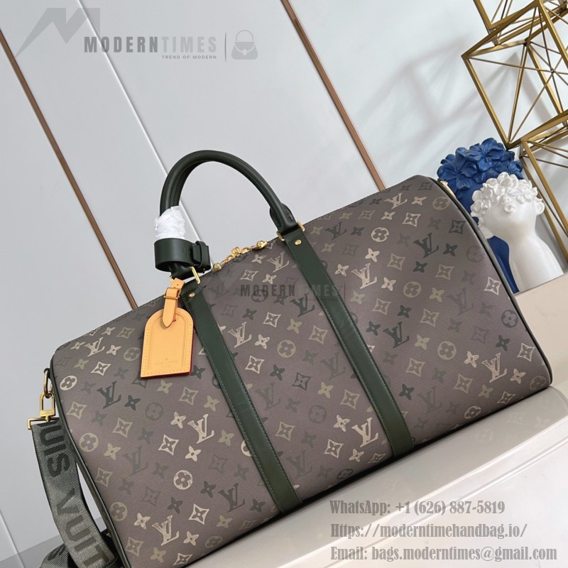 Louis Vuitton Keepall Bandoulière 50 Travel Bag with camouflage Monogram Surplus and distressed metal hardware