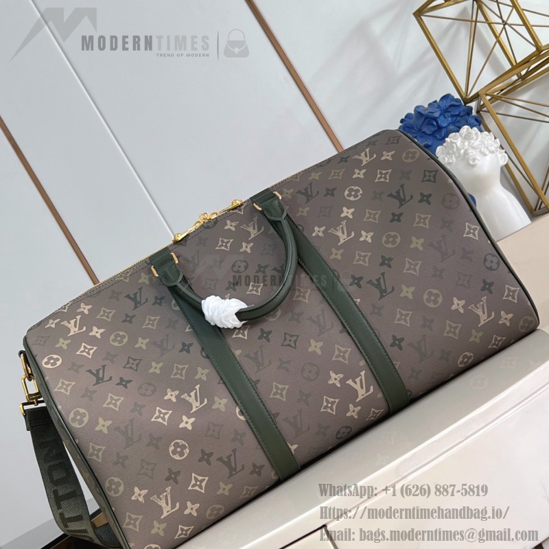 Louis Vuitton Keepall Bandoulière 50 Travel Bag with camouflage Monogram Surplus and distressed metal hardware