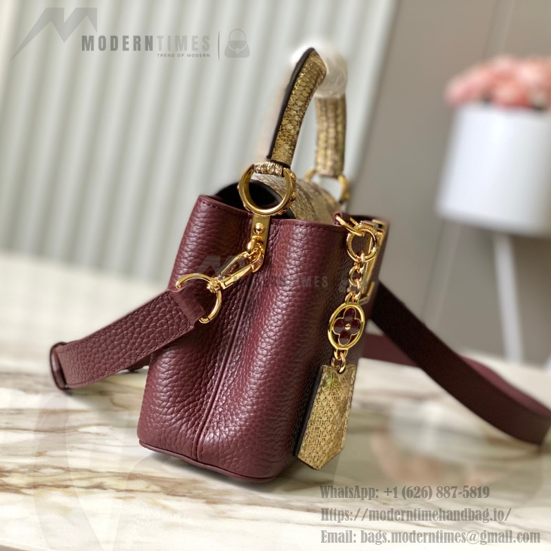 Louis Vuitton Capucines Bag in Burgundy with Golden Snake Handle and Monogram Chain