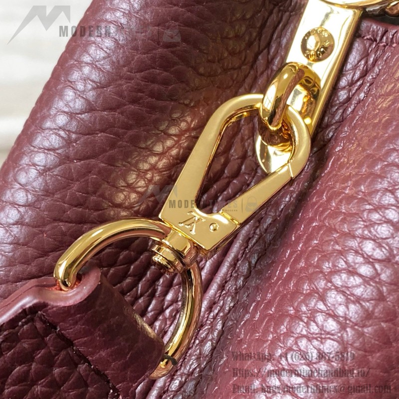 Louis Vuitton Capucines Bag in Burgundy with Golden Snake Handle and Monogram Chain