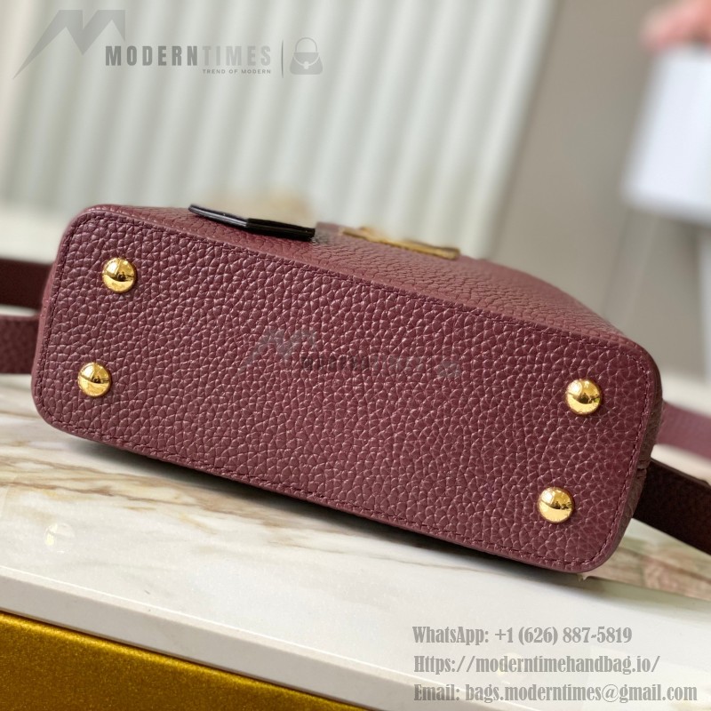 Louis Vuitton Capucines Bag in Burgundy with Golden Snake Handle and Monogram Chain