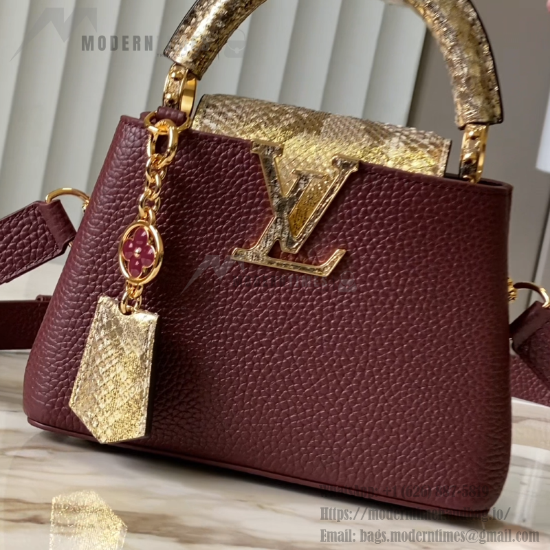 Louis Vuitton Capucines Bag in Burgundy with Golden Snake Handle and Monogram Chain