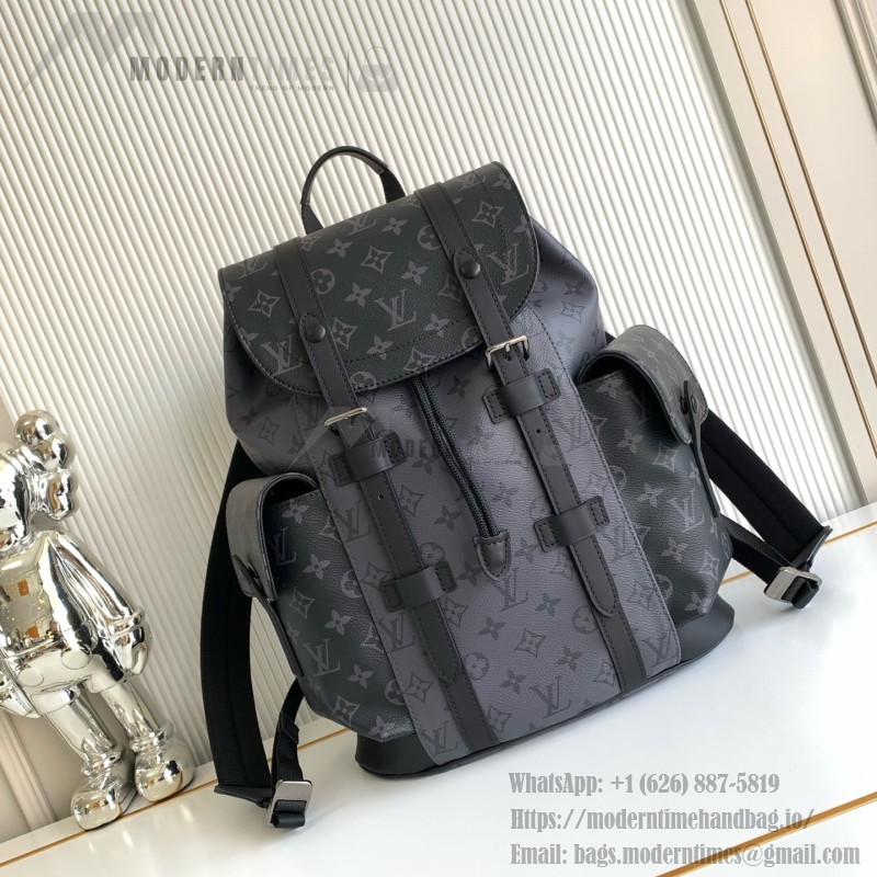 Louis Vuitton Christopher Small Backpack in Monogram Eclipse Reverse with Leather Trim and Side Pockets
