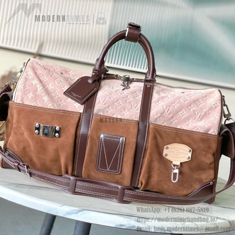Louis Vuitton Keepall Bandoulière 50 Pharrell Williams x Nigo Edition in Monogram Suede Leather with Climbing Hook Buckle and Metal Plaque