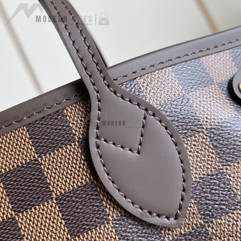 Louis Vuitton Neverfull N40600 Small Tote Bag in Damier Ebene Canvas with Leather Trims