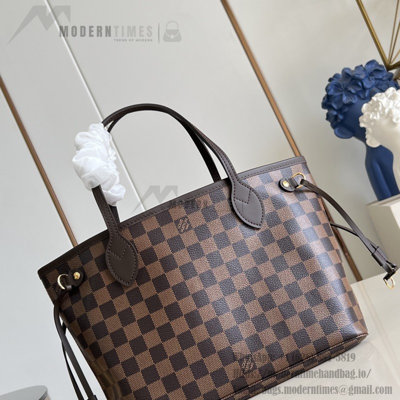 Louis Vuitton Neverfull N40600 Small Tote Bag in Damier Ebene Canvas with Leather Trims
