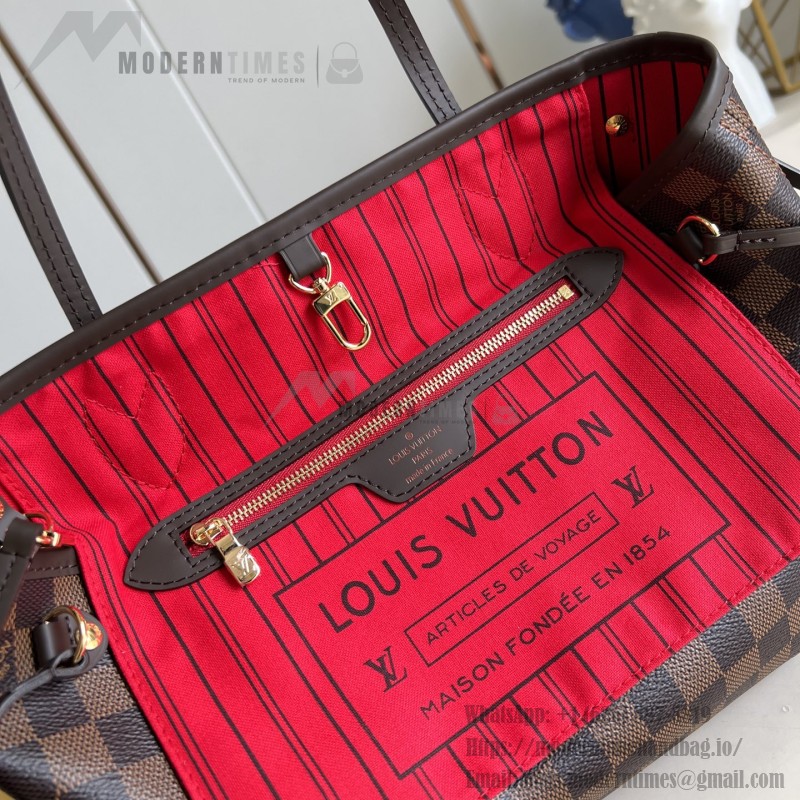 Louis Vuitton Neverfull N40600 Small Tote Bag in Damier Ebene Canvas with Leather Trims