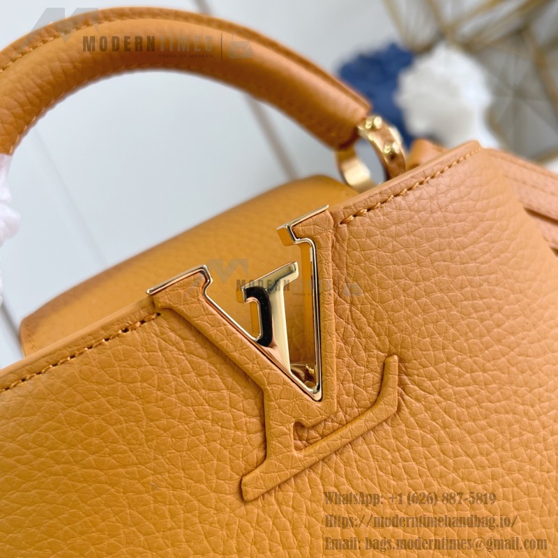 Louis Vuitton Capucines Mini Handbag, M23703, Orange Taurillon Leather, Detachable Shoulder Strap