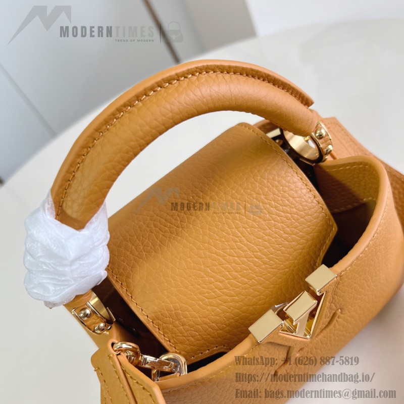 Louis Vuitton Capucines Mini Handbag, M23703, Orange Taurillon Leather, Detachable Shoulder Strap