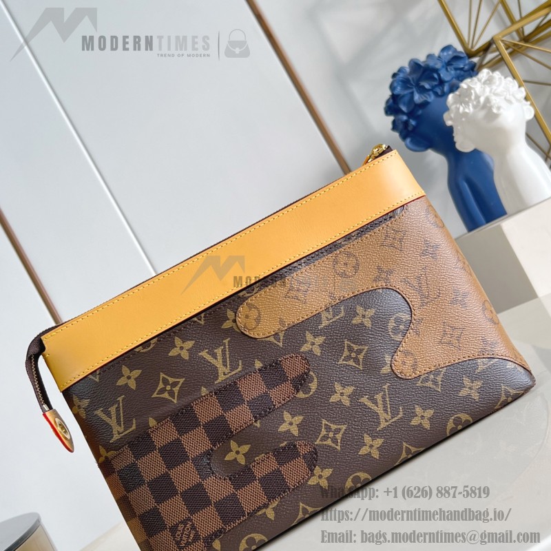 Louis Vuitton Pochette Voyage Souple M26015 in Monogram coated canvas with Boro patchwork, Damier, and Monogram Reverse canvas accents