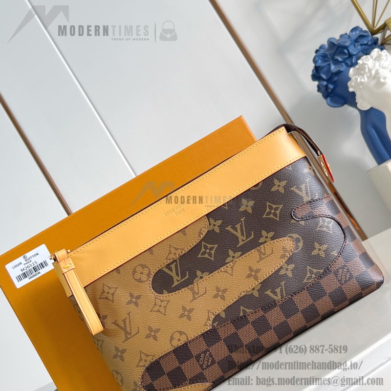 Louis Vuitton Pochette Voyage Souple M26015 in Monogram coated canvas with Boro patchwork, Damier, and Monogram Reverse canvas accents