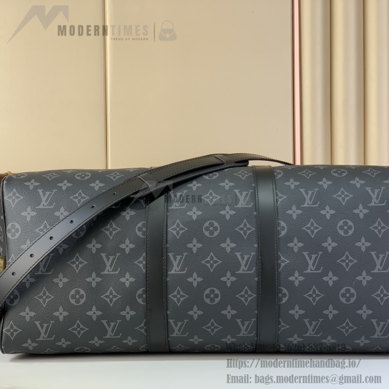 Louis Vuitton Keepall Bandoulière Travel Bag in Monogram Eclipse with Leather Handles and Padlock