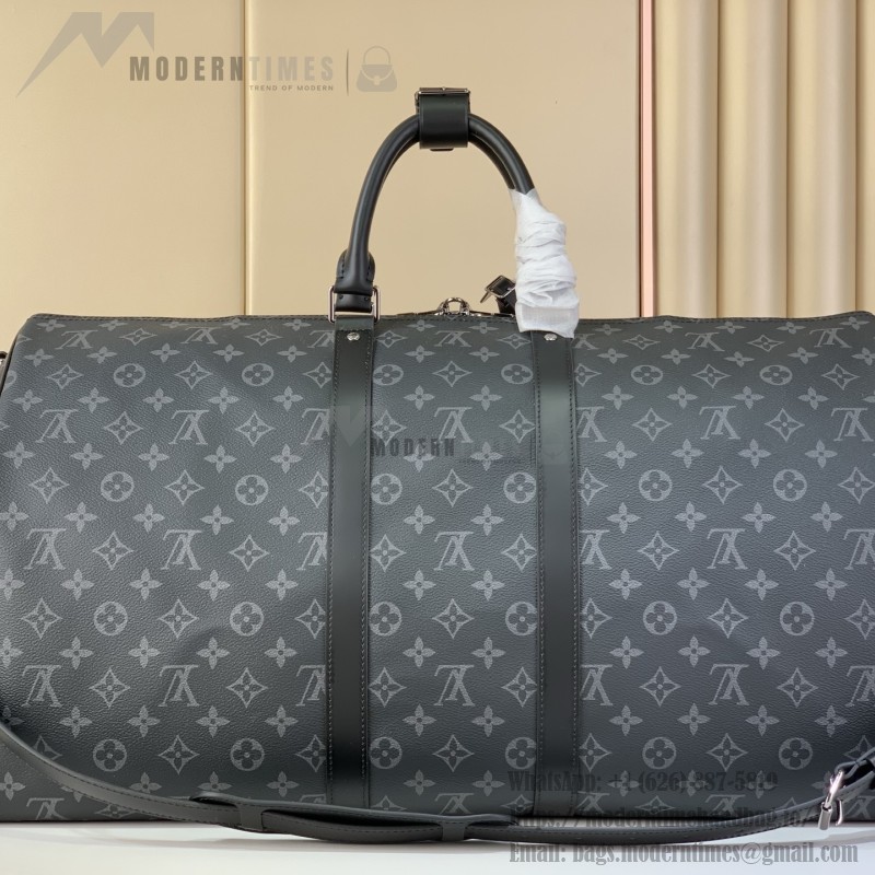 Louis Vuitton Keepall Bandoulière Travel Bag in Monogram Eclipse with Leather Handles and Padlock