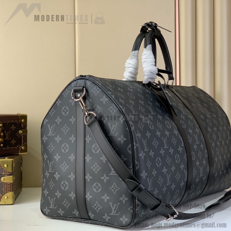 Louis Vuitton Keepall Bandoulière Travel Bag in Monogram Eclipse with Leather Handles and Padlock