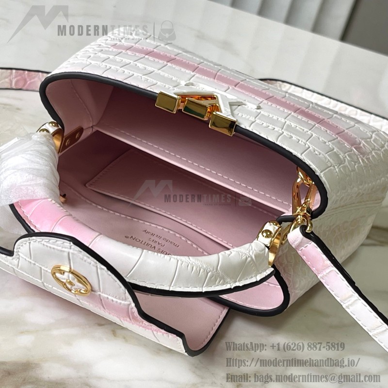 Louis Vuitton Capucines N93163 in White and Pink Crocodile Leather with Monogram Flower Pattern and Metallic Accents