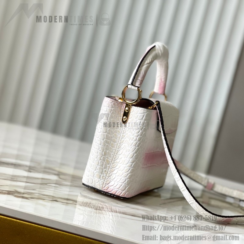 Louis Vuitton Capucines N93163 in White and Pink Crocodile Leather with Monogram Flower Pattern and Metallic Accents