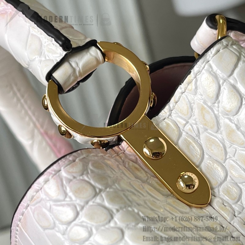 Louis Vuitton Capucines N93163 in White and Pink Crocodile Leather with Monogram Flower Pattern and Metallic Accents