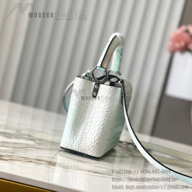 Louis Vuitton Capucines N93163 in White and Pink Crocodile Leather with Monogram Flower Pattern and Metallic Accents