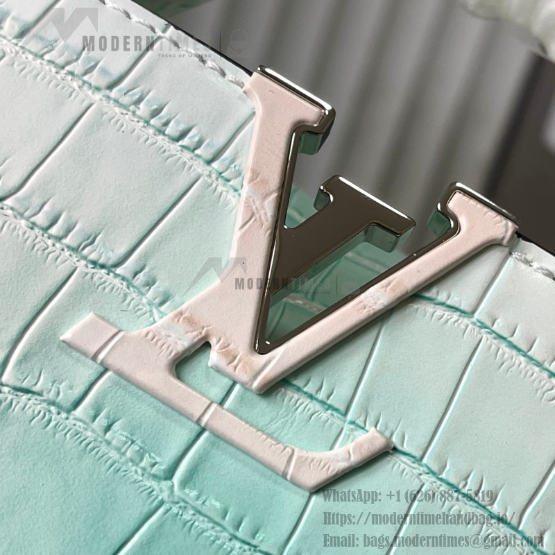 Louis Vuitton Capucines N93163 in White and Pink Crocodile Leather with Monogram Flower Pattern and Metallic Accents