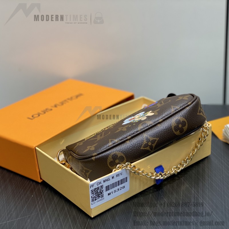 Louis Vuitton Mini Pochette Accessories M15328 with Vivienne Print, Monogram Canvas, and Chain Hook
