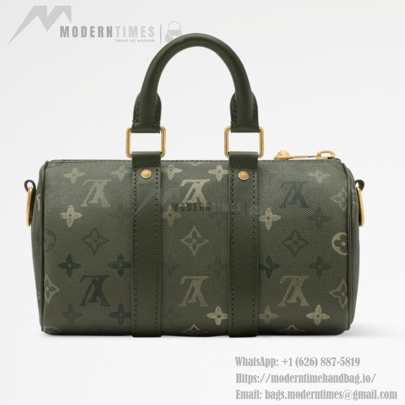 Louis Vuitton Keepall Bandoulière 25 Handbag in Army Green with Silk Print