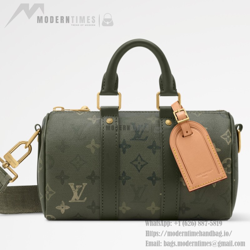Louis Vuitton Keepall Bandoulière 25 Handbag in Army Green with Silk Print
