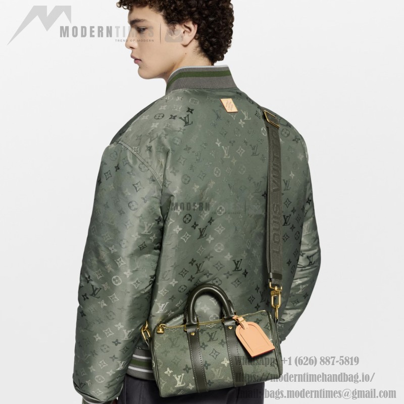Louis Vuitton Keepall Bandoulière 25 Handbag in Army Green with Silk Print