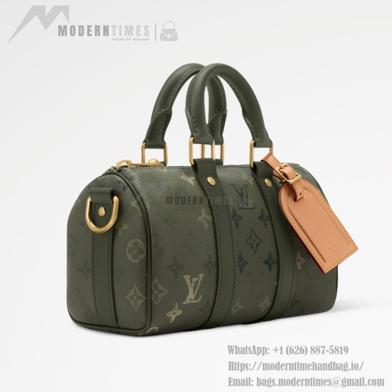Louis Vuitton Keepall Bandoulière 25 Handbag in Army Green with Silk Print