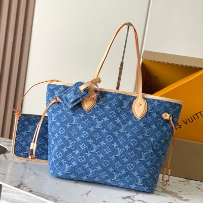 Louis Vuitton - Neverfull MM Denim Monogram Canvas with Leather Trim – Premium MB163c Chip Edition M13192