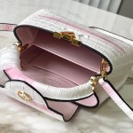 Louis Vuitton Capucines N93163 in White and Pink Crocodile Leather with Monogram Flower Pattern and Metallic Accents
