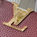 Louis Vuitton Capucines Bag in Burgundy with Golden Snake Handle and Monogram Chain