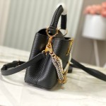 Louis Vuitton Capucines East-West Why Knot Taurillon leather handbag in mini and small sizes with Monogram beaded chain and shiny metal hardware