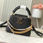 Louis Vuitton Capucines East-West Why Knot Taurillon leather handbag in mini and small sizes with Monogram beaded chain and shiny metal hardware