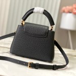 Louis Vuitton Capucines East-West Why Knot Taurillon leather handbag in mini and small sizes with Monogram beaded chain and shiny metal hardware