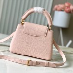 Louis Vuitton Capucines East-West Why Knot Taurillon leather handbag in mini and small sizes with Monogram beaded chain and shiny metal hardware