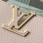Louis Vuitton Capucines East-West Why Knot Taurillon leather handbag in mini and small sizes with Monogram beaded chain and shiny metal hardware
