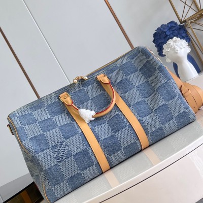 Louis Vuitton - Keepall Bandoulière 50 Damier Denim 3D Cotton Canvas Travel Bag M40739 Summer Edition Replica
