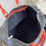 Louis Vuitton Keepall Bandoulière M15251 Monogram Eclipse with Orange Leather Replica Travel Bag