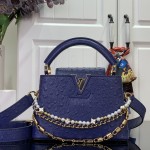 Louis Vuitton Capucines M11908 Mini & BB Handbag in Ostrich-Embossed Leather with Pearl Chain