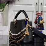 Louis Vuitton Capucines M11908 Mini & BB Handbag in Ostrich-Embossed Leather with Pearl Chain