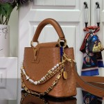 Louis Vuitton Capucines M11908 Mini & BB Handbag in Ostrich-Embossed Leather with Pearl Chain