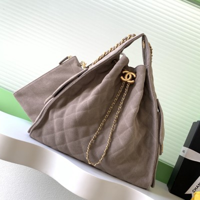 Chanel - 25K Vintage Gold Button Drawstring Bucket Bag AS5311 Brown Blue Green Suede Leather
