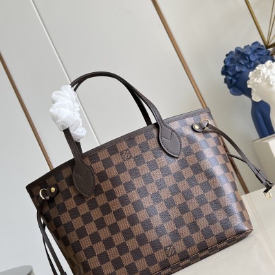 Louis Vuitton - Neverfull N40600 Small Tote Bag, Damier Ebene Canvas, Leather Trims, Removable Zipper Pouch