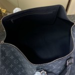 Louis Vuitton Keepall Bandoulière Travel Bag in Monogram Eclipse with Leather Handles and Padlock