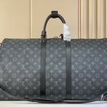 Louis Vuitton Keepall Bandoulière Travel Bag in Monogram Eclipse with Leather Handles and Padlock